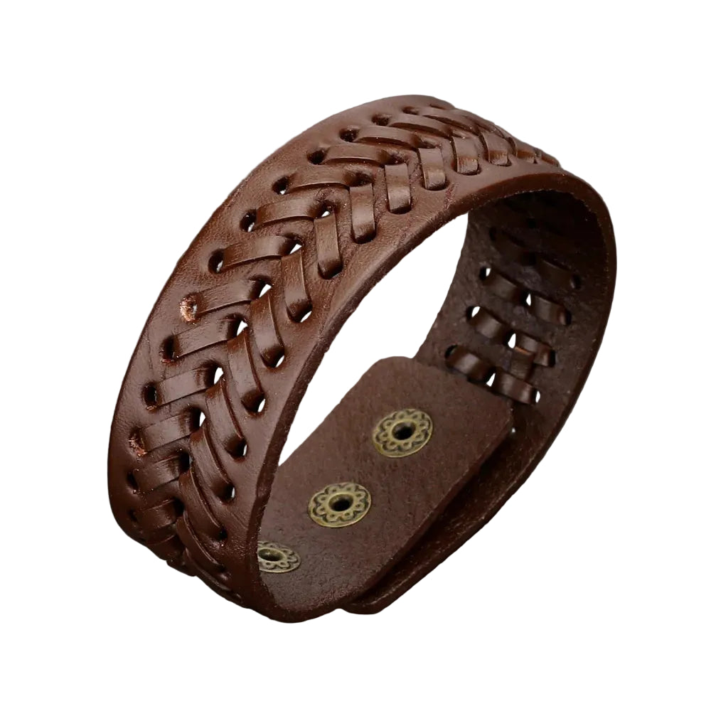 Handcrafted Men's Woven Leather Cuff Bracelet | Vintage Geometric Band with Hidden Safety Clasp