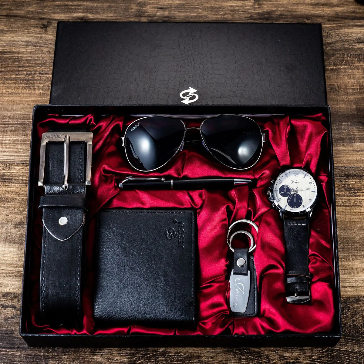 6-Piece Men’s Luxury Gift Box Set | Watch, Sunglasses, Leather Belt, Wallet, Keychain & Pen