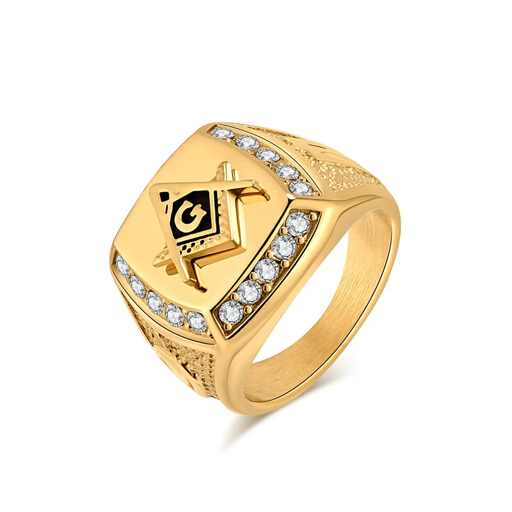 Men's 18K Gold Plated Micro-Pave CZ Masonic Ring | Stainless Steel Freemason Illuminati Statement Ring
