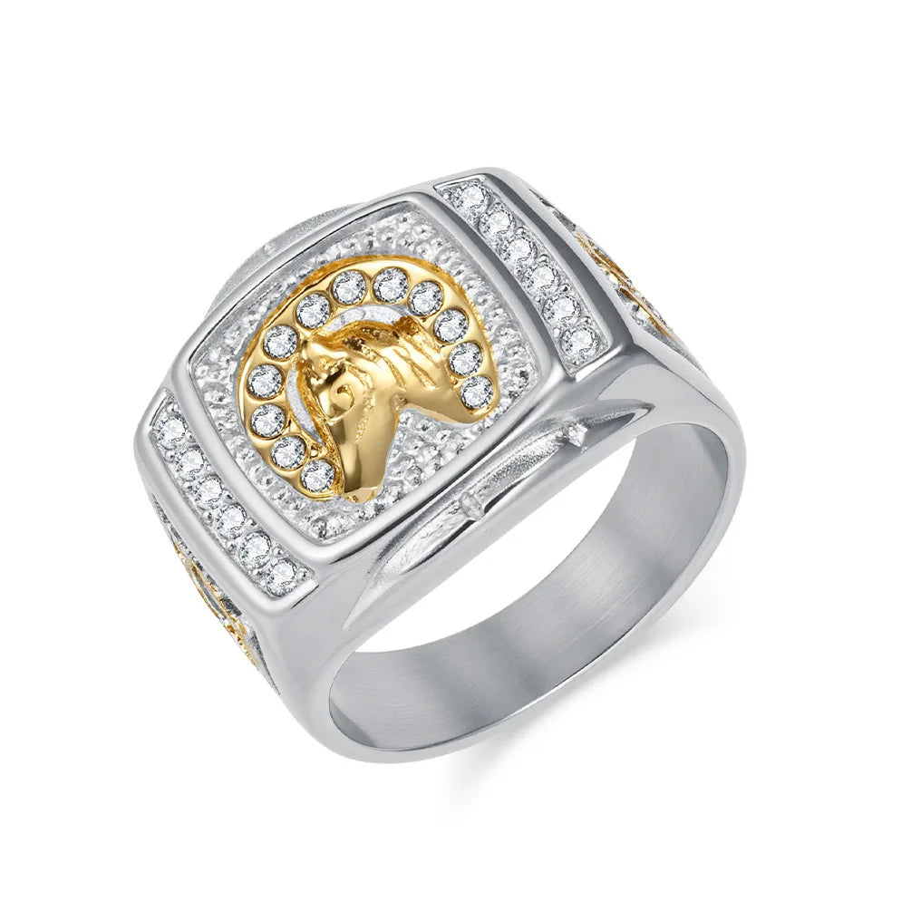 Men's 18K Gold Plated Animal Signet Ring | Bold Stainless Steel Bezel-Set Zircon Ring
