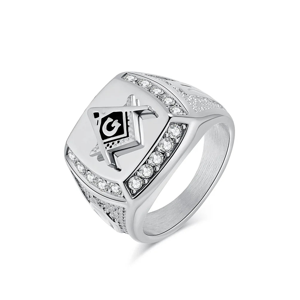 Men's 18K Gold Plated Micro-Pave CZ Masonic Ring | Stainless Steel Freemason Illuminati Statement Ring