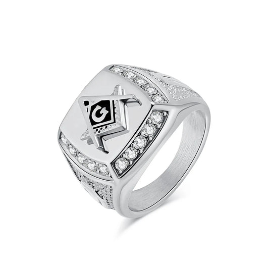 Men's 18K Gold Plated Micro-Pave CZ Masonic Ring | Stainless Steel Freemason Illuminati Statement Ring