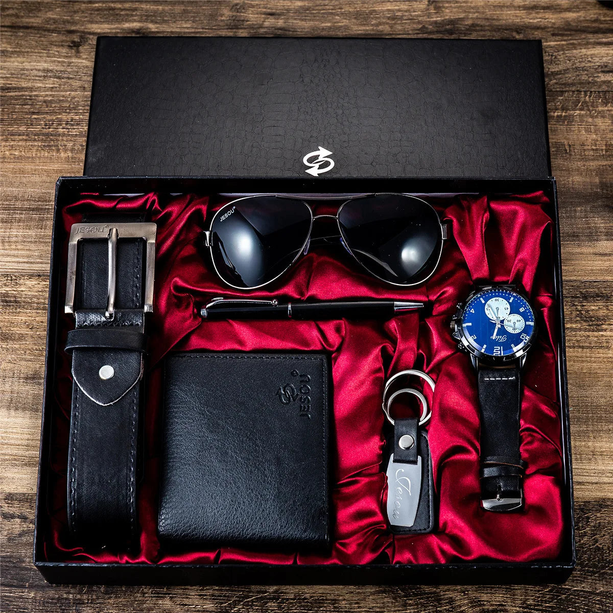 6-Piece Men’s Luxury Gift Box Set | Watch, Sunglasses, Leather Belt, Wallet, Keychain & Pen