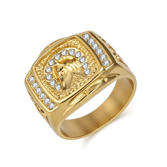 Men's 18K Gold Plated Animal Signet Ring | Bold Stainless Steel Bezel-Set Zircon Ring